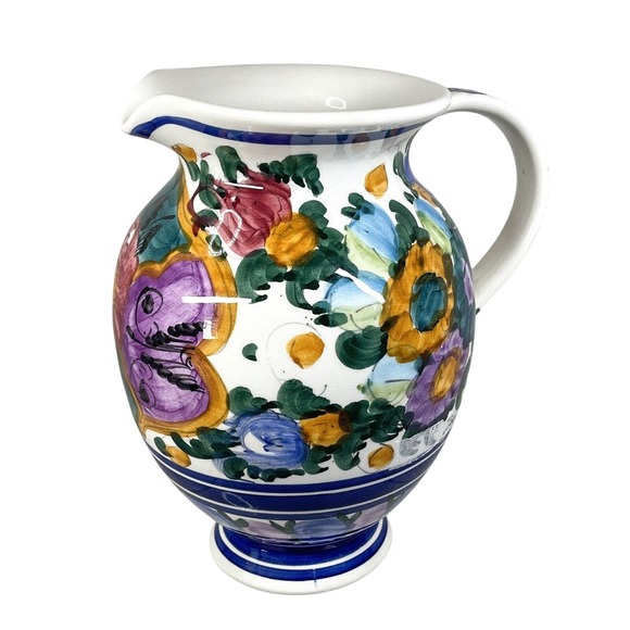 Pottery Pitcher Terra Chroma GR colorful handmade 8" tall blue orange purple - Picture 2 of 6